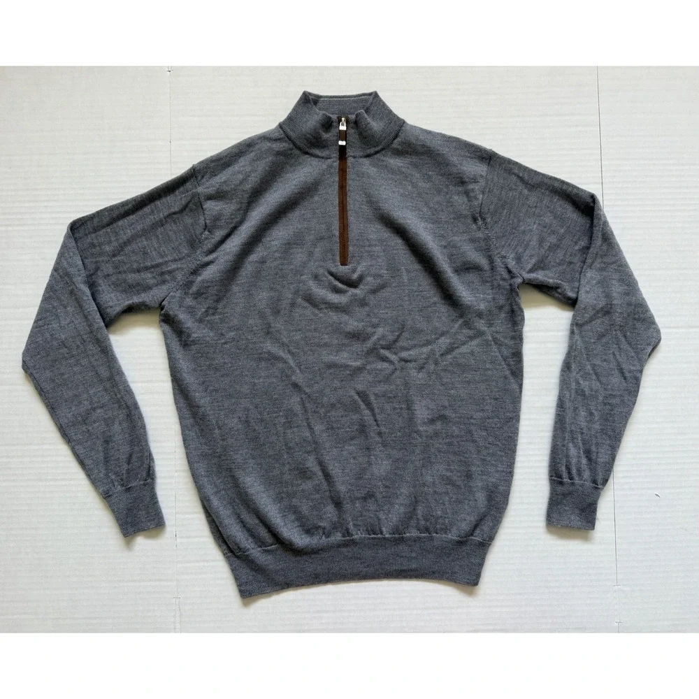 Peter Millar Mens Autumn Crest Suede Trim 1/4 Zip Sweater Gray Merino Wool Sz M